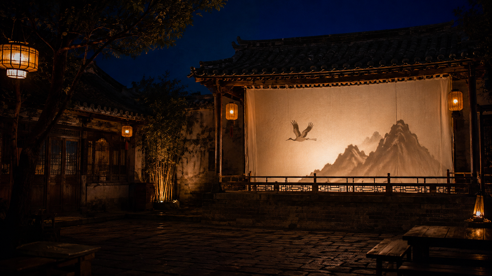 古院中的皮影舞台与文化影像概念图